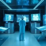 sala de cirugia híbrida o sala inteligente - doctor mirando tomografias futuristas