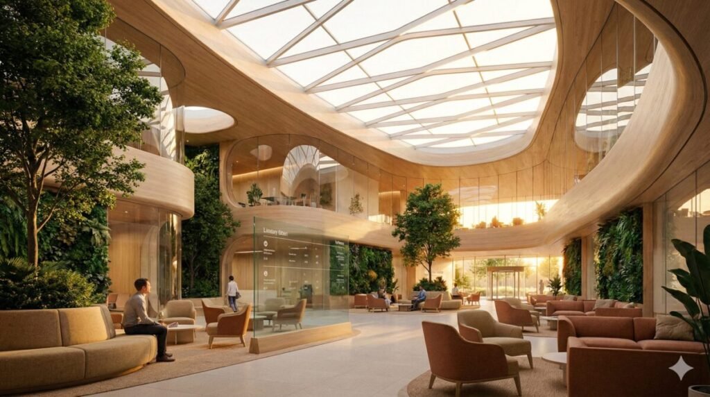 Más allá de los muros: Por qué la Arquitectura Líquida y Neuroarquitectura ya no son opcionales en 2026 4 Hospital Liquido 2026