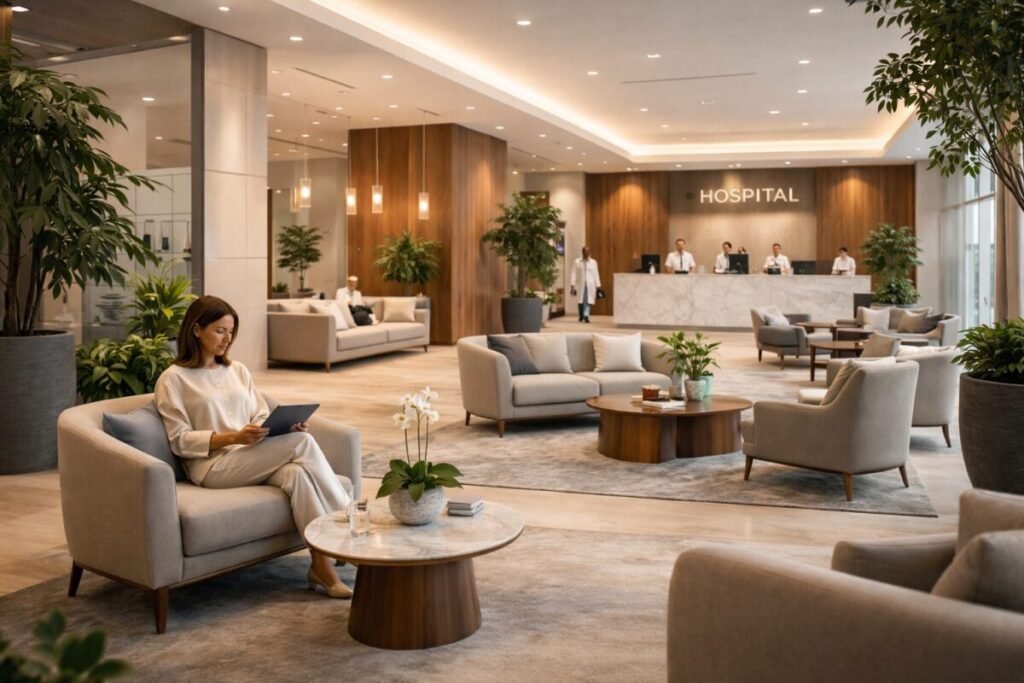 El fin de la sala de espera tradicional: Por qué la "Tecnología Silenciosa" es el nuevo estándar 1 Ejemplo de diseño de salas de espera modernas tipo lobby de hotel en hospitales
