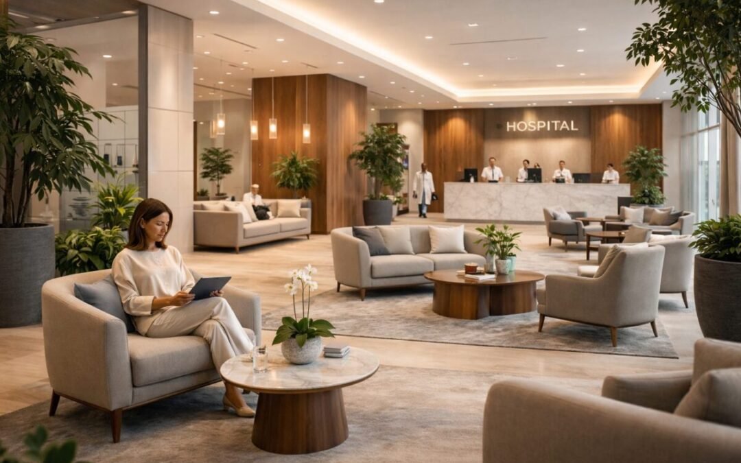 Ejemplo de diseño de salas de espera modernas tipo lobby de hotel en hospitales