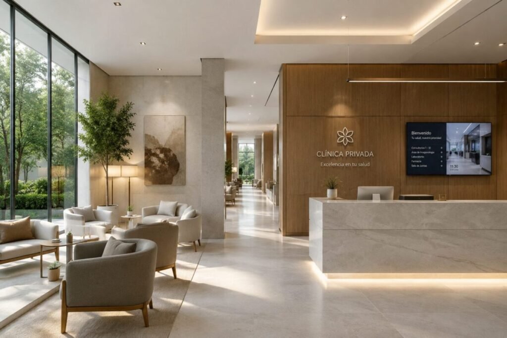 Diseño arquitectónico moderno de una clínica privada, destacando la modernización tecnológica frente a los nuevos retos en México.