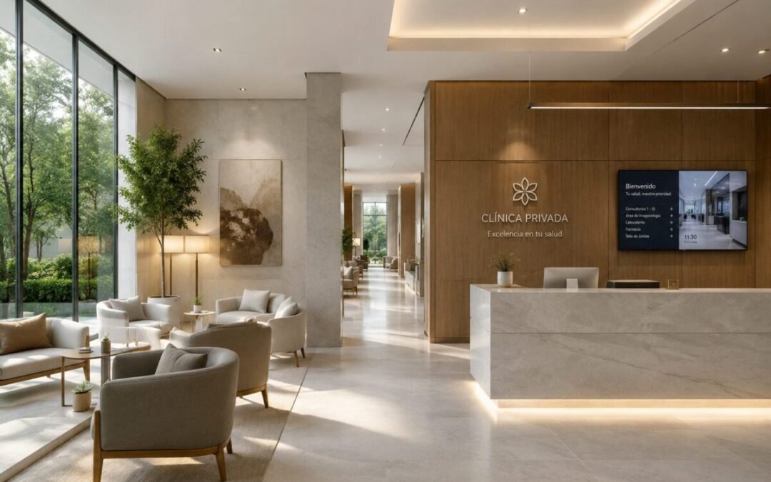 Diseño arquitectónico moderno de una clínica privada, destacando la modernización tecnológica frente a los nuevos retos en México.